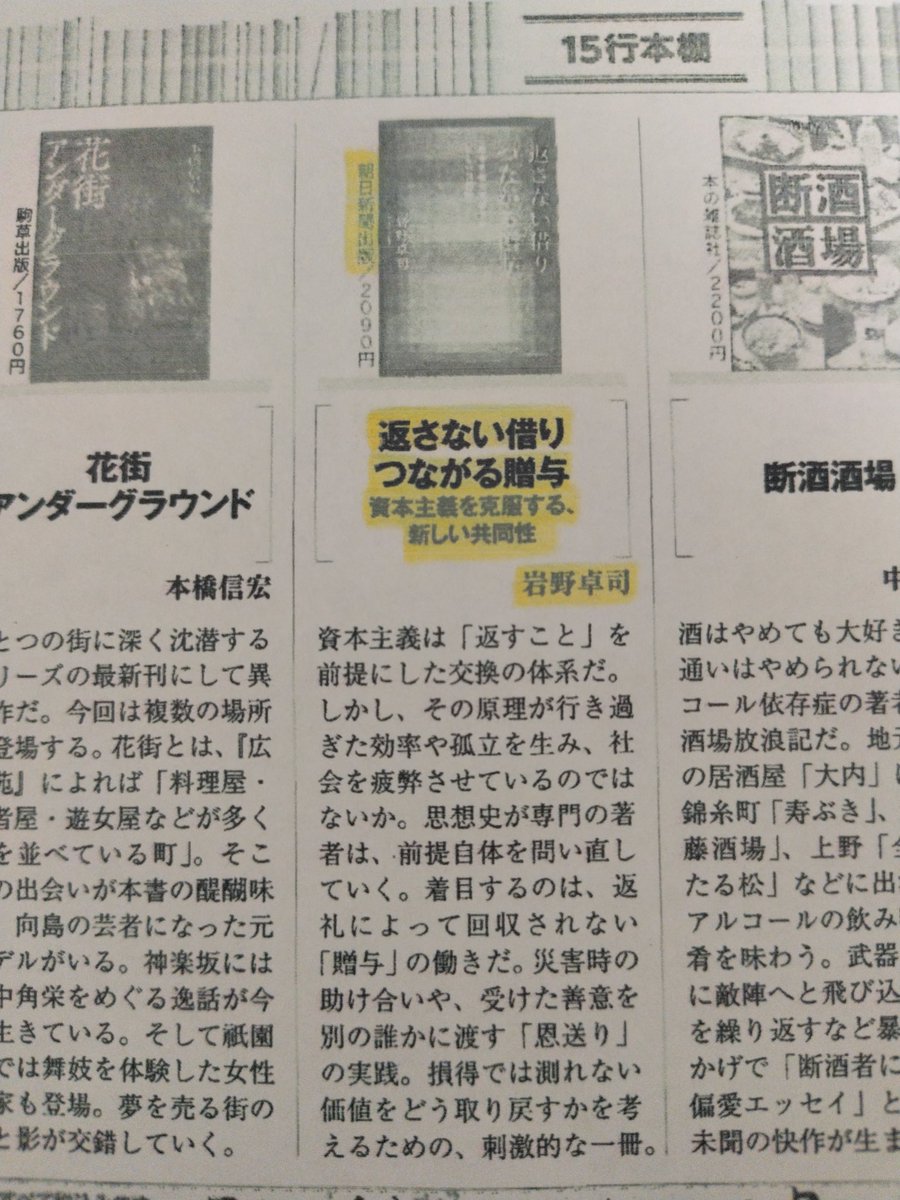 『週刊新潮』4月9日号に拙著『返さない借り　つながる贈与　資本主義を克服する、新しい共同性』（朝日新聞出版）の書評が掲載されました。短いものですが、本書の内容や方向性を的確に言い表しています。お読みください。