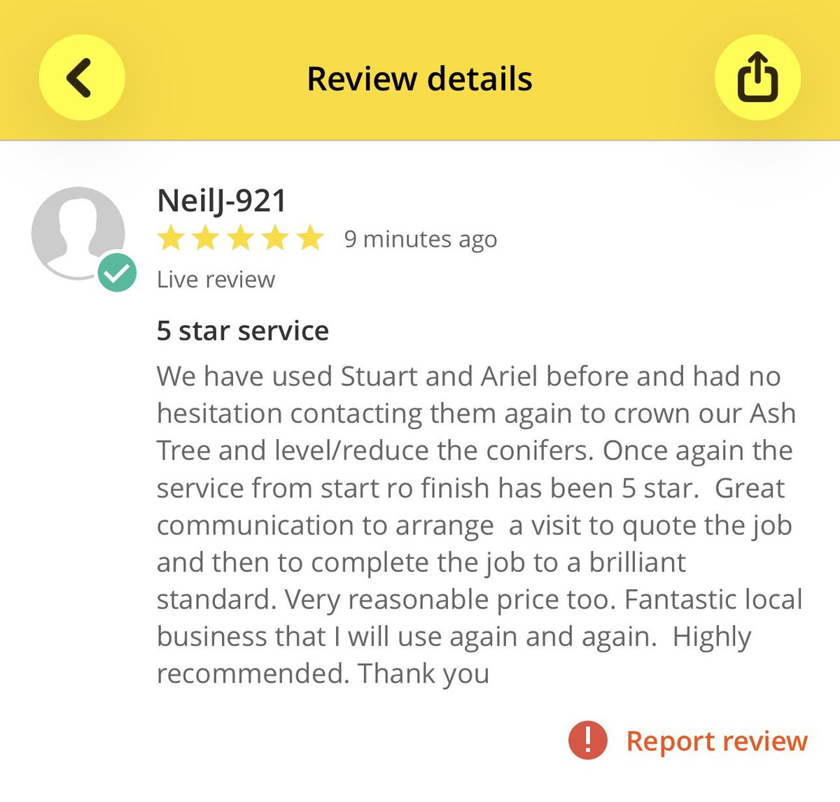ArielTreeCare's tweet photo. ⭐️⭐️⭐️⭐️⭐️ reviews. Thanks very much for taking the time to review us. https://t.co/6no0iCqttD