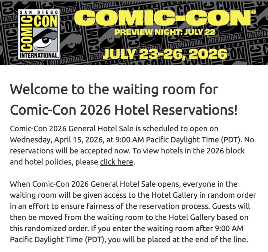 DisTrackers's tweet image. SDCC General Hotel Sale will be live on 4/15 at 9AM PT! This time it’s all live inventory &amp;amp; no form. Good luck!
.
Repost @SD_Comic_Con
#SDCC #ComicCon
