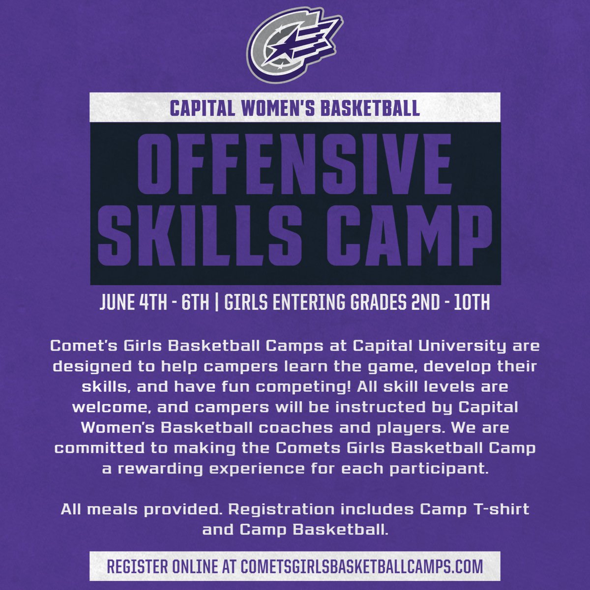 CapitalWBB's tweet photo. Registration is still open for our Offensive Skills Camp on June 4th-6th! Residential and commuter options available 💜☄️ Link in bio!! https://t.co/SVK7uEpI2O