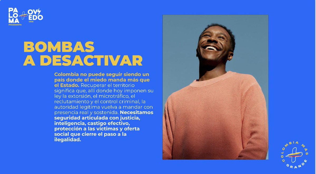 Hoy presentamos el #Plan10 dentro de una apuesta gigante: ¡Colombia Más Grande!

No es un listado de promesas. No es carreta. Es un plan para desactivar las 5 bombas de tiempo que nos tienen frenados: seguridad, salud, energía, confianza y corrupción.

Va hilo: