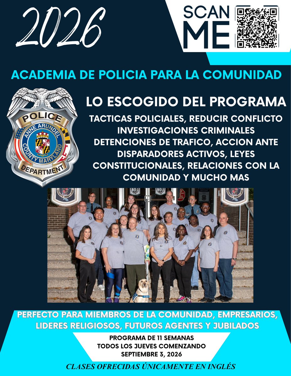 AACOPD's tweet image. 𝐂𝐨𝐦𝐦𝐮𝐧𝐢𝐭𝐲 𝐏𝐨𝐥𝐢𝐜𝐞 𝐀𝐜𝐚𝐝𝐞𝐦𝐲
Starts September 3rd • 2026 | Thursdays for 11 weeks
Learn how we serve, protect, and connect.
Open to residents, business owners, faith leaders &amp;amp; more.
#CommunityPolicing #AACoPD #PoliceAcademy