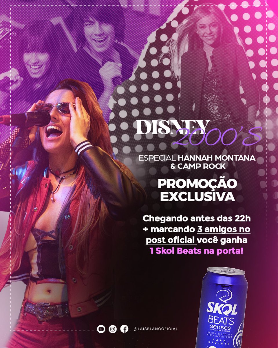 haruninhareal's tweet image. DISNEY 2000: HANNAH MONTANA + CAMP ROCK!

Show nostálgico com os hits que marcaram geração

🎁 20 primeiros ganham pôster exclusivo
🍹 Marcando 3 amigos = 1 Skol Beats na porta

📍 Bujas Garagem Bar
📅 24/04 ⏰ 21h

Marca a galera e vem!

#hannahmontana #camprock #mileycyrus