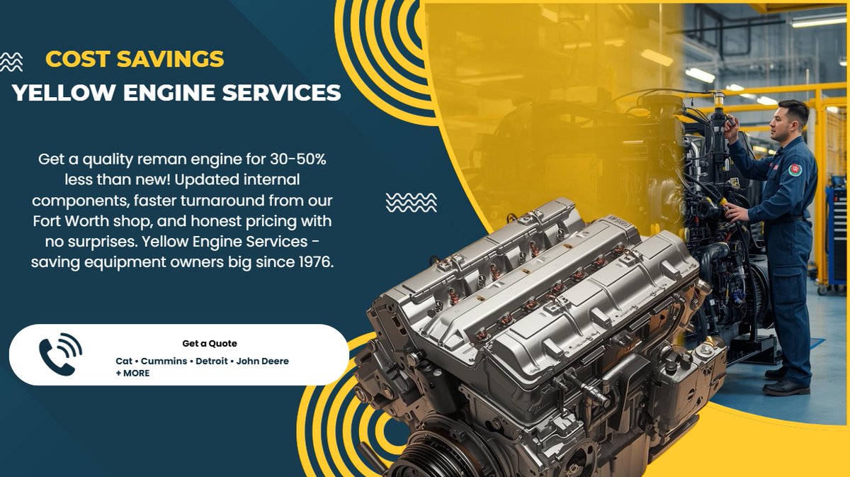 YellowEngine1's tweet photo. Why pay full price for a new diesel engine when you can get a quality remanufactured one for 30-50% less?  
The answer is always YES to smart, cost-effective solutions.  Call 817-429-3208 or DM us your engine model for a quick quote today!
https://t.co/9VmY8eeKqT  
#CostEffectiveSolutions #DieselSavings #yellowengineservices #caterpillarequipment
