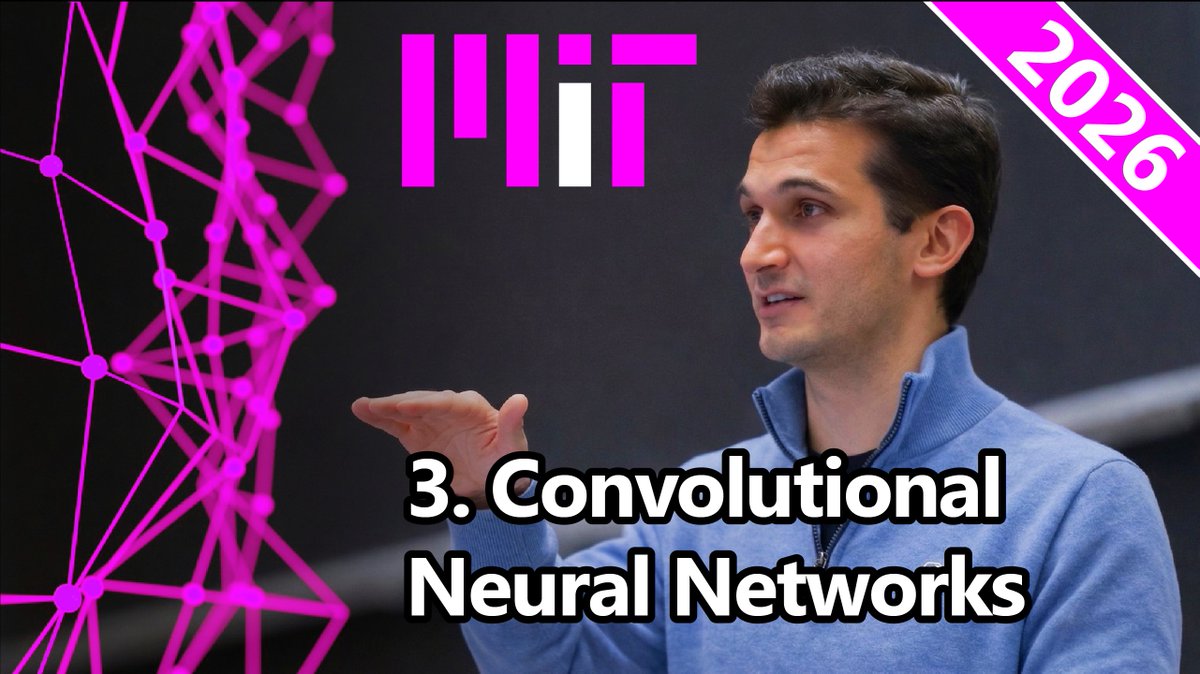 MITDeepLearning's tweet image. ⭐️⭐️ Lecture 3 of @MITDeepLearning 2026 is now available online #FREE for ALL. Topics include CNNs, vision 👀, images/video 📸, and more!

🔥 Lecture 👉 youtube.com/watch?v=pqIcos…

🤩 New lecture every Monday 10am ET w/ slides and @PyTorch &amp;amp; @TensorFlow software labs!

🌐 Website 👉