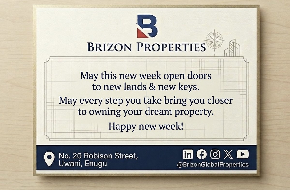 BrizonEstate's tweet photo. Happy New Week! 
#HappyNewWeek #BrizonProperties #RealEstateNigeria #PropertyInvestment https://t.co/rFnbNtygrH