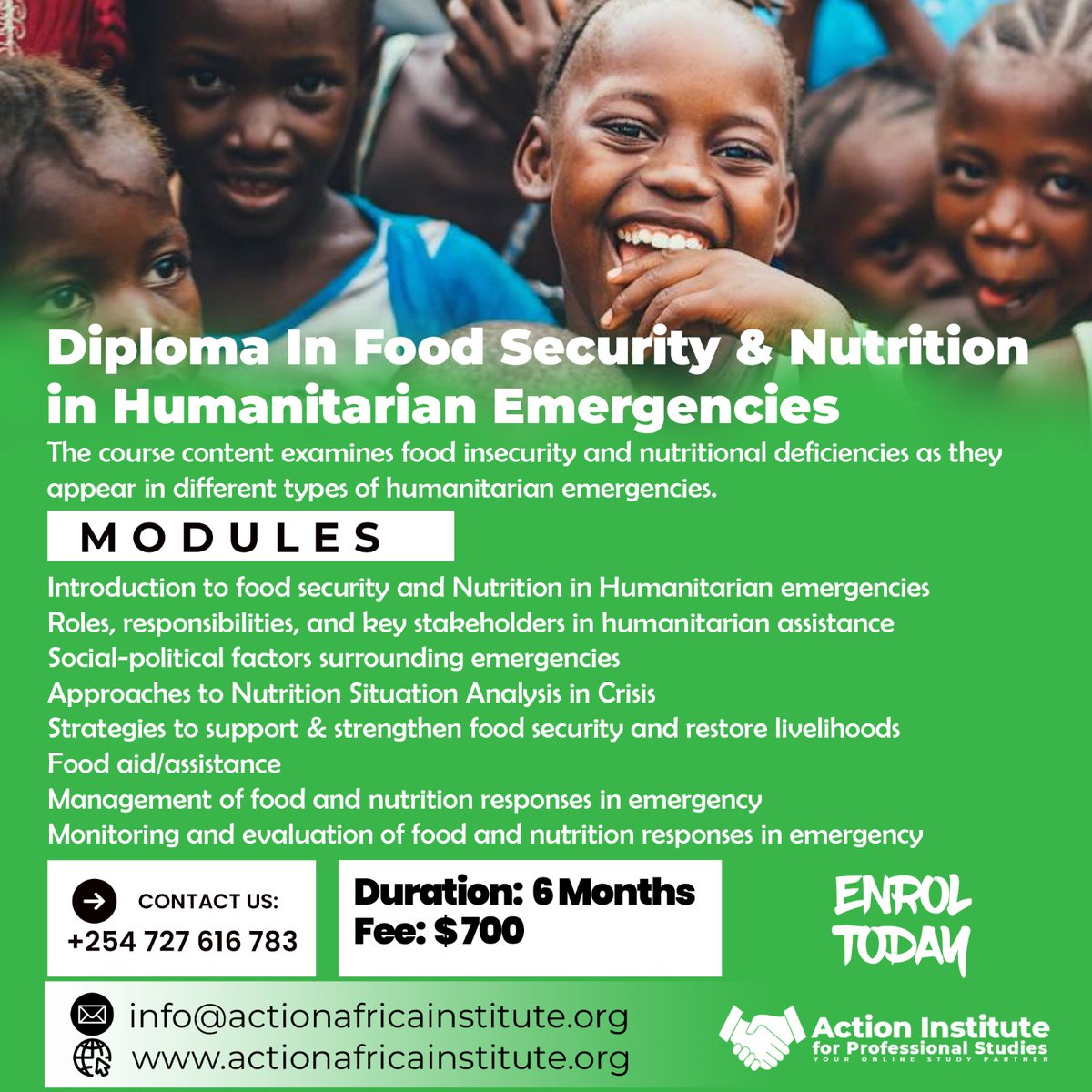 ActionAfr's tweet image. Make an impact in humanitarian response 🌍
Join our Diploma in Food Security &amp;amp; Nutrition in Humanitarian Emergencies
📚 6 Months | 💲 $700
📩 info@actionafricainstitute.org
📞 +254 727 616 783
 actionafricainstitute.org/diploma-in-foo…

#FoodSecurity #Nutrition #HumanitarianAid