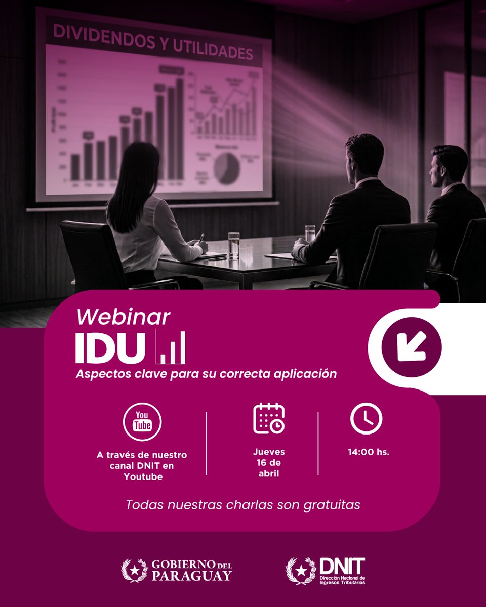 📚 Sumate a nuestro Webinar sobre el Impuesto a los Dividendos y a las Utilidades - IDU, Aspectos clave para su correcta aplicación.

💻 Este jueves 16/04 a través de nuestro canal en YouTube DNITpy youtube.com/@DNITpy

⌚️14:00 h.

🆓 Todas nuestras charlas son gratuitas.