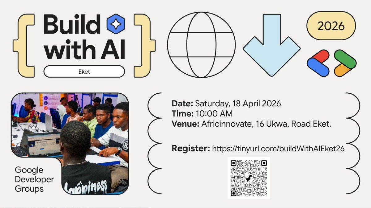 AfricInnovate's tweet image. Everyone’s tweeting AI this, AI that but only few are actually building with it.
Stop spectating, start building.

Build with AI Eket 2026
🗓 April 18
⏰10AM
📍Africinnovate

Real practical building.
Register: tinyurl.com/buildWithAIEke…

#BuildWithAI #GDG #GDGEket #AI #AfricInnovate