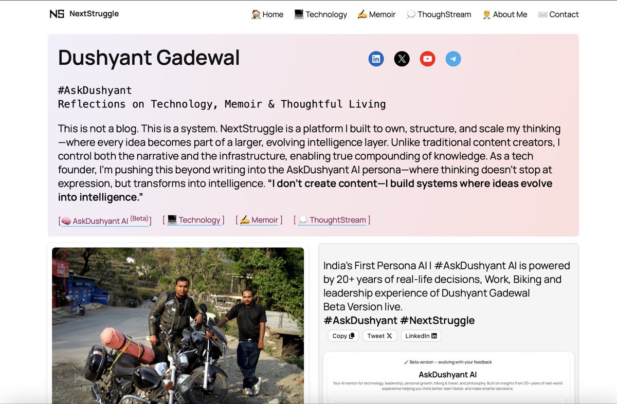 dushyantgadewal's tweet image. NextStruggle.com is now dynamic platform.
Every refresh offers a fresh perspective—technology, memoir, and lived experience continuously reshaped for every visitor. #AskDushyant #NextStruggle #ThoughtStream