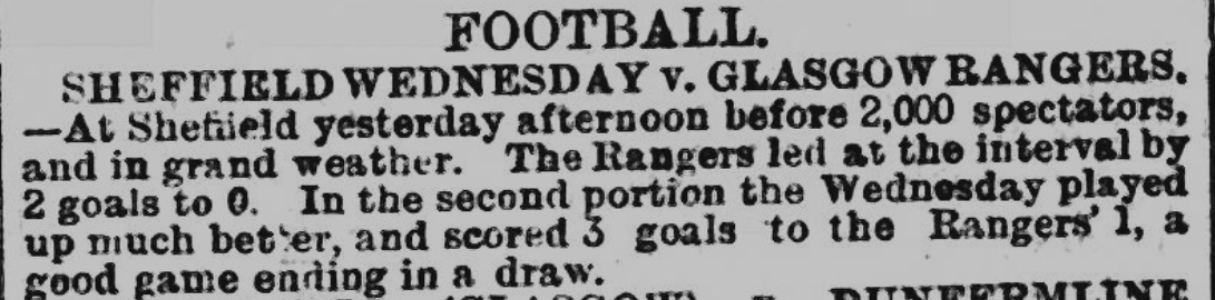 Dunsbyowl's tweet image. #onthisday 135 years ago, in 1891, @RangersFC
visited Olive Grove, #Sheffield to play a friendly with the Wednesday.  Rangers took a 3-0 lead but Wednesday came back stronger in the 2nd half to force a draw 3-3 in front of 2,000. #SWFC Goals Gibson, Woolhouse &amp;amp; Brandon.