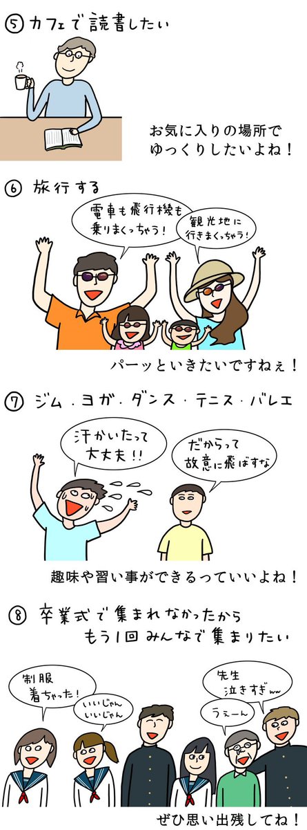 コロナ禍の6年前、このイラストに描いたことは、今すべて叶うようになりました。

当たり前にあるものが一度なくなって、やっとその有り難さに気付くような日々でした。

まさか数年後の自分自身が、当時の自分の作品に気付かされるとは。 