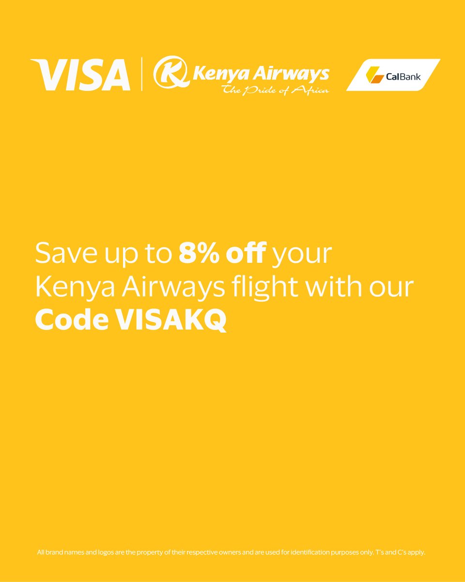 CalBankPLC's tweet image. Escape to Kenya and experience the beauty of Africa! 🌍

Get up to 8% off flights with Kenya Airways when you book and pay with your CalBank Visa payment card. Simply book with the code VISAKQ. Book now and make your dream trip a reality.

#CalBank #ForwardTogether #Visa #Kenya