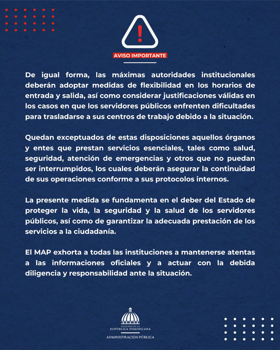 COMUNICADO OFICIAL ⚠️

En atención a las condiciones climáticas en las demarcaciones declaradas en alerta amarilla y verde en el día de hoy lunes 13 de abril 2026.