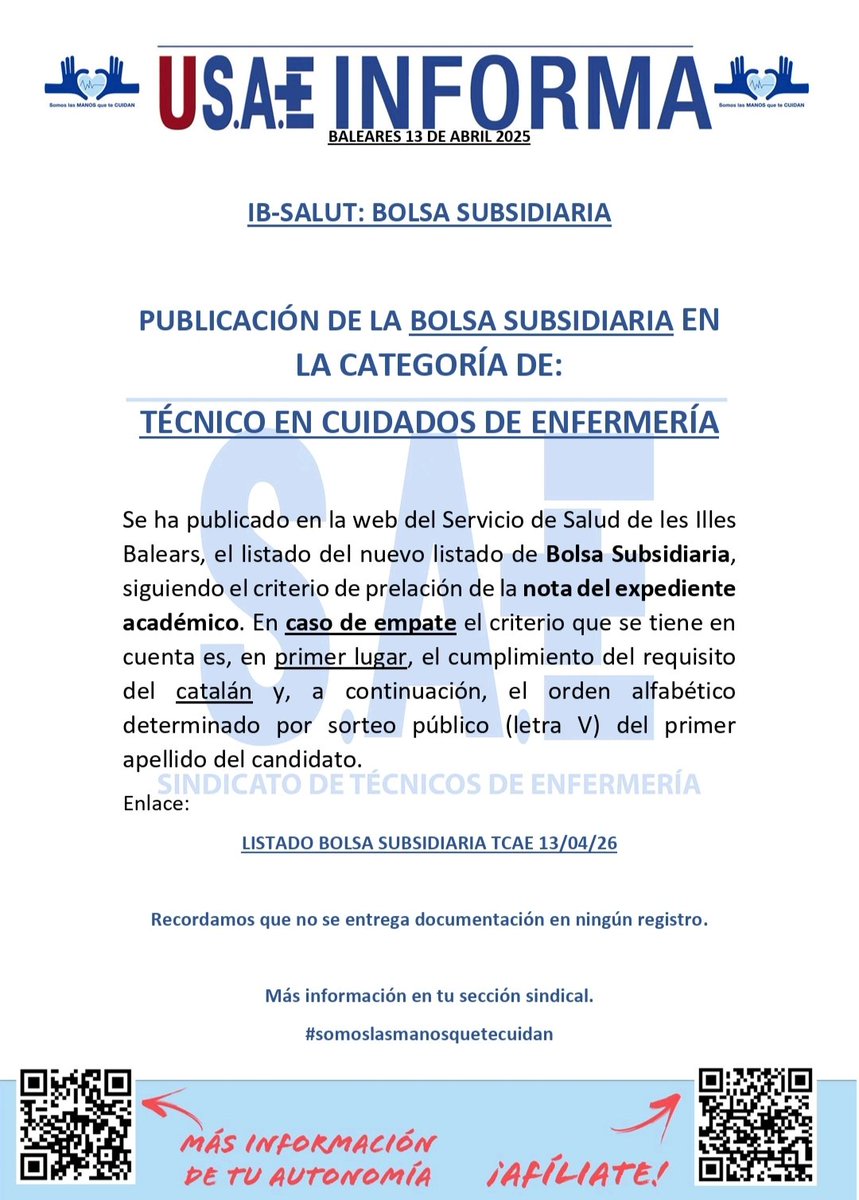 IB-SALUT: BOLSA SUBSIDIARIA PUBLICACIÓN DE LA BOLSA SUBSIDIARIA EN LA CATEGORÍA DE: TÉCNICO EN CUIDADOS DE ENFERMERÍA