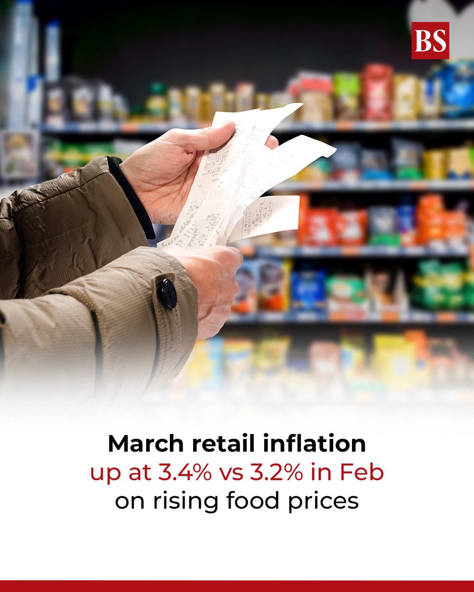 bsindia's tweet image. India’s retail inflation rose to 3.40% year-on-year in March, up from 3.21% in February, according to government data released on Monday.

mybs.in/2g5OWOZ

#RetailInflation #CPI #FoodInflation #IranWar #MoSPI