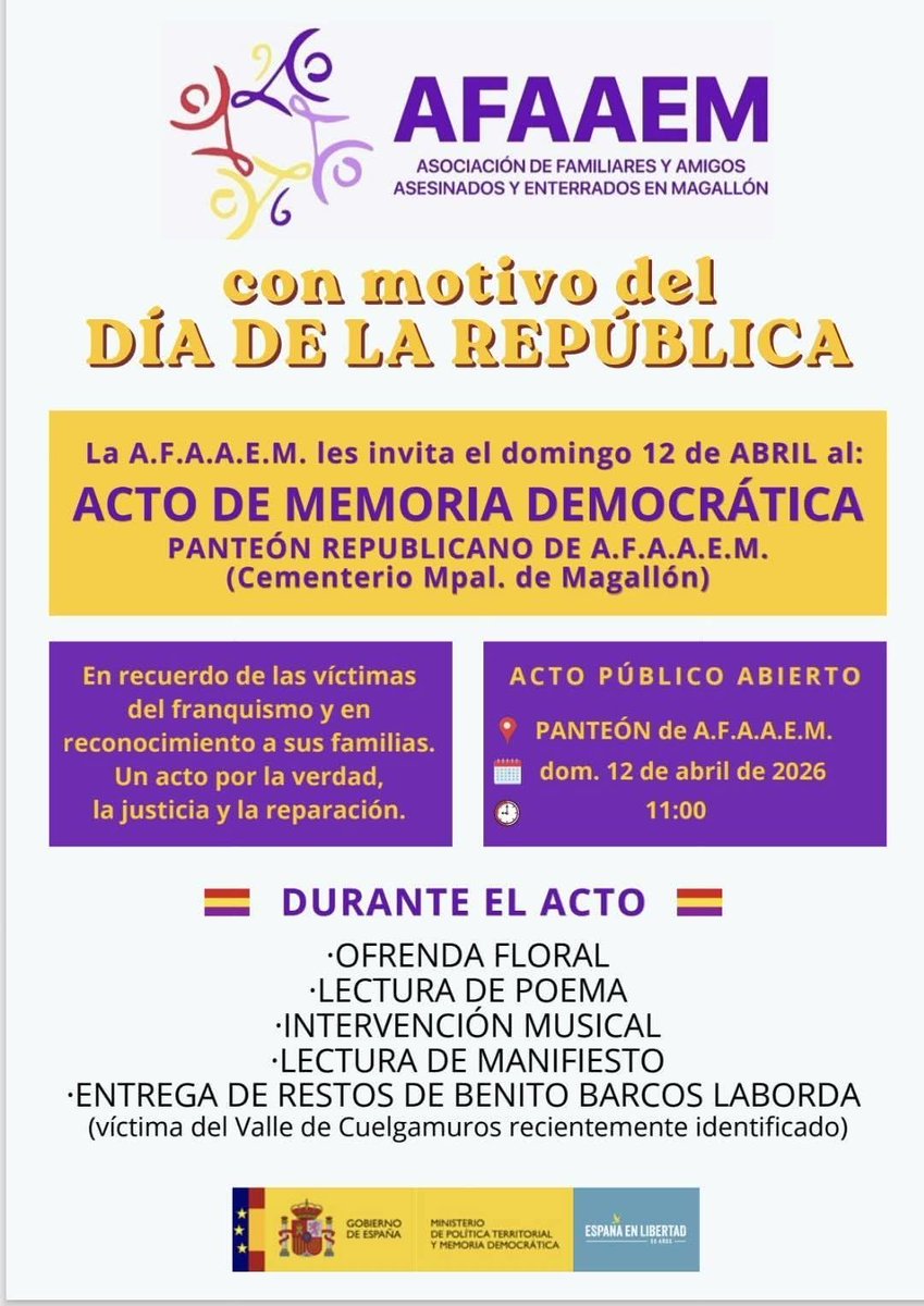 chunta's tweet photo. 🔴🟡🟣 Ayer, @MamenCastillo y @RecajSancho, del Rolde de Memoria Democrática de CHA, estuvieron presentes en el acto en recuerdo de las víctimas del franquismo organizado en Magallón.
👉 Seguimos trabajando por la verdad, la justicia y la reparación. https://t.co/g5E6RPdynR