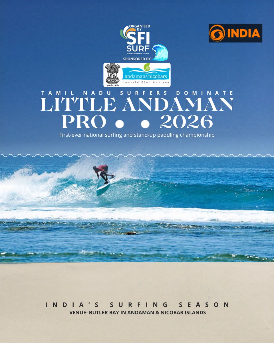 DDIndialive's tweet image. Tamil Nadu surfers shine on Day 1 of the Little Andaman Pro 2026, dominating the waves at Butler Bay. With top performances across categories, the event marks an exciting start to India’s surfing season.

#Surfing #LittleAndamanPro #IndianSurfing #TamilNadu #WaterSports #Andaman
