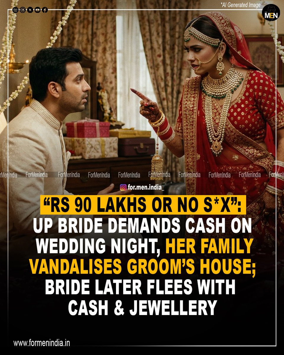 ForMenIndia_'s tweet photo. A bride in #Agra (Jagdishpura) demanded ₹90 lakhs from the groom on her wedding night, saying that she would not have any physical relations unless he paid her the money.

When the groom refused, a heated argument broke out.

Family members from the groom’s side reportedly tried to counsel the bride, but the situation worsened after she informed her own family.

Bride's family then surprisingly created a ruckus instead of solving the matter and vandalised the groom's house & and even damaged a PNG gas pipeline.

The bride later fled from the scene, reportedly taking along both her own belongings and jewellery belonging to her mother-in-law.

The victim’s family also alleged that they initially approached the local police, but no action was taken. 
Then they moved the court, after which a case was registered at Jagdishpura police station against the bride, her father and other associates.

the in-laws further claimed that the bride confessed she was not interested in the marriage and had agreed to it solely for financial gain.
#formenindia