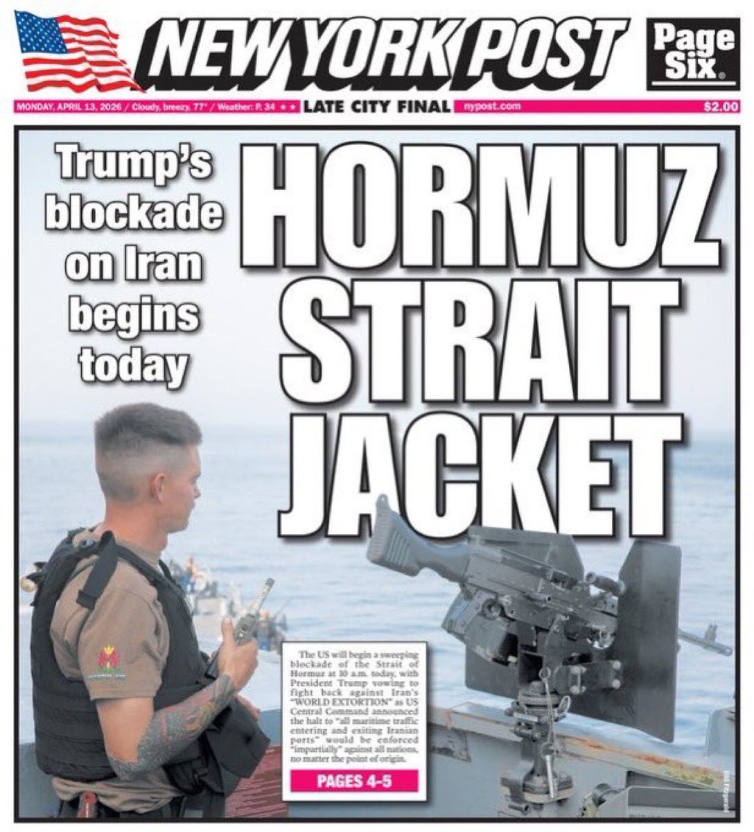 theOGalv's tweet image. Trump’s naval blockade on Iran starts today. 

U.S. forces will be patrolling the Strait of Hormuz and stopping all maritime traffic until Iran quits the extortion racket. 

Iran won’t run the waters anymore!