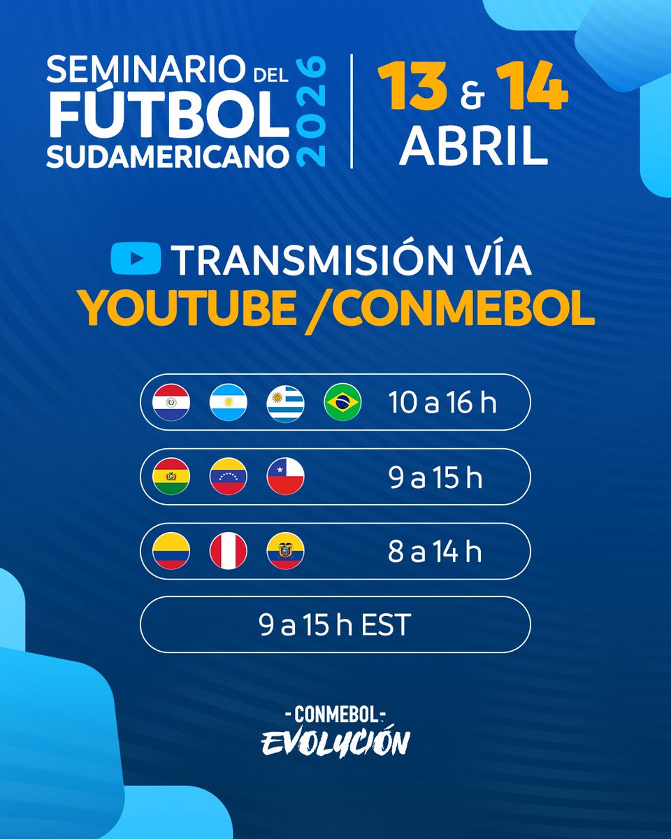¡Llegó el día! 🤩⚽️

Conéctate al Seminario del Fútbol Sudamericano 2026 a través de Youtube CONMEBOL y sé parte de este gran espacio de aprendizaje sobre fútbol. ▶️

🌎 Disponible en español, portugués e inglés.
▶️ youtube.com/@conmebol 

#CreeEnGrande