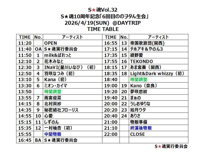 #ライダー出演情報
『S★魂vol.32 S★魂10周年記念 6回目のヲタん生会』

🗓2026年4月19日(日)
🎤鶴舞DAYTRIP
⏰開場11:20 / 開演 11:40
☪️18:35～18:55
🎫予約 3000円 / 当日 3500円※各+2D 1000円
(DD予約+1000円)
👛終演後物販
🎁iNSPiC500円引き+写メ