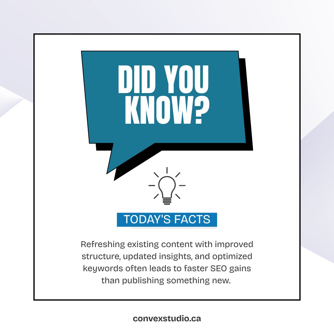 Refreshing existing content with improved structure, updated insights, and optimized keywords often leads to faster SEO gains than publishing something new. Strategic updates help your site stay relevant and competitive. Contact Convex Studio at (800) 949-1830