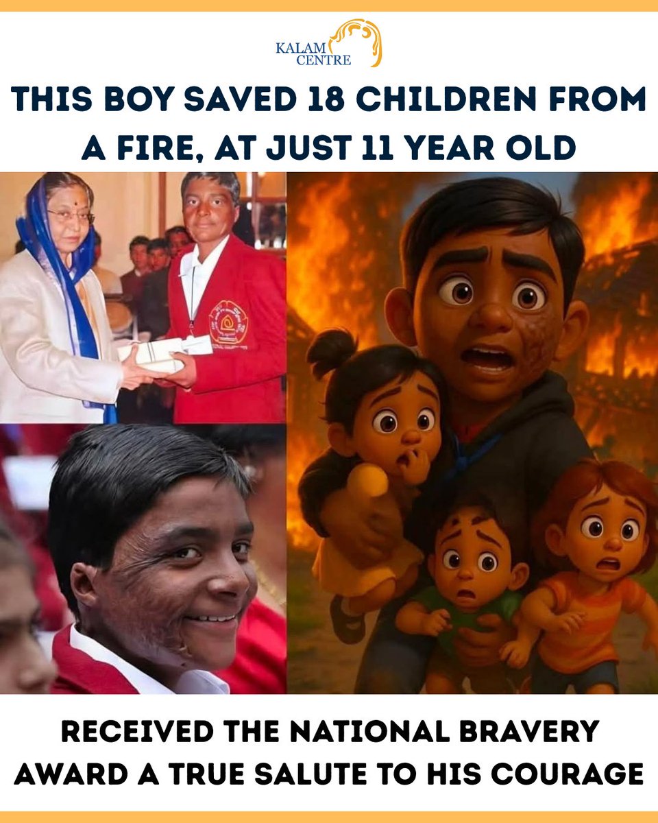 KalamCenter's tweet photo. "A real-life hero at just 11!
This brave young boy saved 18 children from a de*dly f!re - risking his own life to protect others.
Today, he stands tall as the National Bravery Award winner... and India stands proud of him. l
Heroes don't wear capes — they rise from courage. Salute to this brave son!

An 11-year-old boy has been honored with the National Bravery Award after rescuing 18 school children from a massive f!re. Despite the d&nger, he rushed inside multiple times, ensuring every child made it out safely.
His courage, presence of mind, and selfless act have inspired millions across the nation. -
Such bravery at such a young age deserves the highest salute!

#NationalBraveryAward #YoungHero #IndianHeroes #BraveKid #ProudMoment