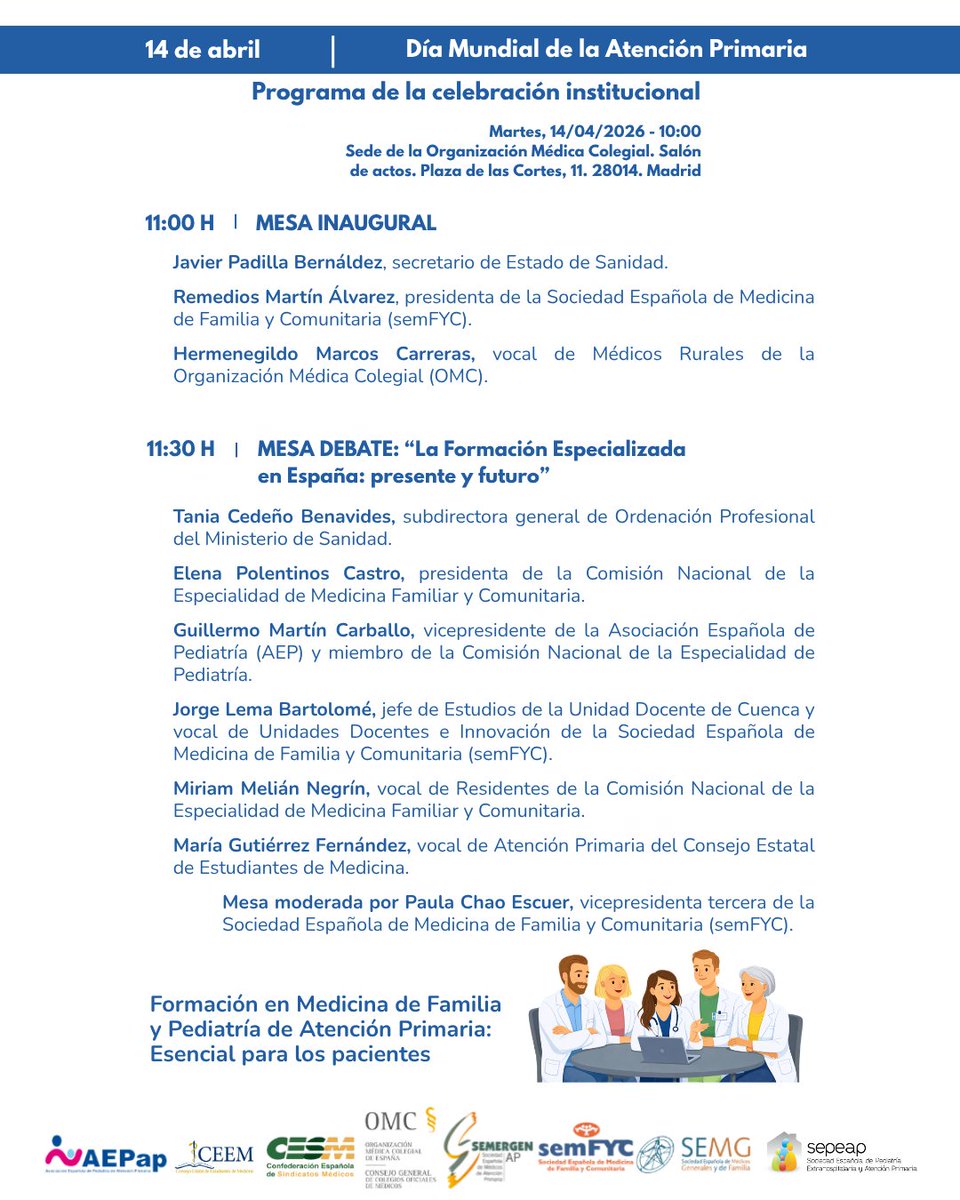 SEPEAP's tweet image. El Foro de Atención Primaria (AP) organiza mañana una jornada con motivo de su Día Mundial, conmemorado el pasado 12 de abril.

🗓️ 14 de abril, a las 10 h
📍 Sede de Organización Médica Colegial de España

¡Os esperamos!

#SEPEAP #ForodeAtenciónPrimaria #AP #pediatria #formacion