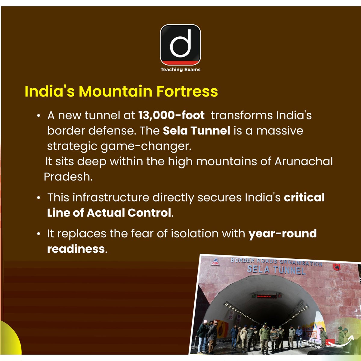Drishtiteaching's tweet image. Sela Tunnel: From winter isolation to all-weather strategic strength.

#SelaTunnel #BorderInfrastructure #IndianArmy #ArunachalPradesh #LAC #Defence #Infrastructure #India #StrategicEdge