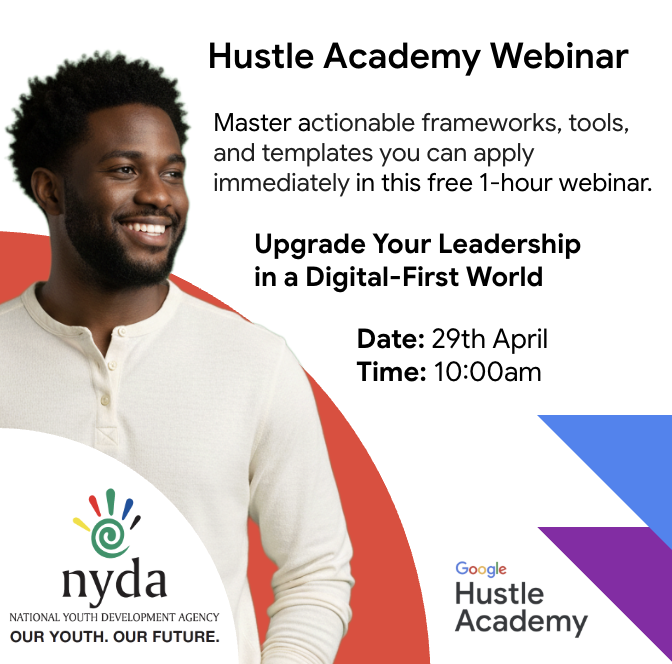 NYDARSA's tweet photo. Are you ready to take your hustle to the next level? 

Join the Google Hustle Academy in partnership with NYDA for an insightful webinar series designed to help you grow, lead, and thrive in today’s digital economy.

There are multiple sessions available, from mastering your market and sales funnel to upgrading your leadership in a digital-first world and making sense of AI.

Secure your spot now via this link: https://t.co/xbe93kSPmy. 

#HustleAcademy #NYDA #YouthInBusiness #DigitalSkills #Entrepreneurship #FutureOfWork #AIForBusiness #LevelUp