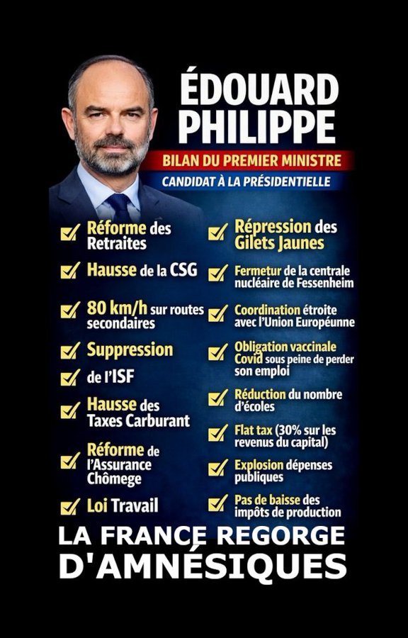 Les français sont amnésiques.
A moins que les médias aient une mission : nous faire accepter à tout prix cet énergumène d' <a href="/EPhilippe_LH/">Edouard Philippe</a> 
On n'en veut pas.
Ni un(e) autre qui préfère son siège (et petit confort) à la France.