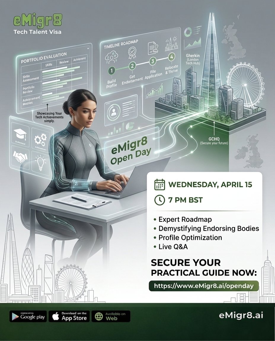 eMigr8visa's tweet photo. We are hosting an Open Day to walk you through a practical roadmap, explain how to optimize your profile, and answer your questions live.

When: Wednesday, April 15
Time: 7 PM BST

Register here: https://t.co/tScmkyX4C1

#eMigr8 #UKTechVisa #GlobalTalentVisa #UKRelocation #Tech https://t.co/1aI899AEgi