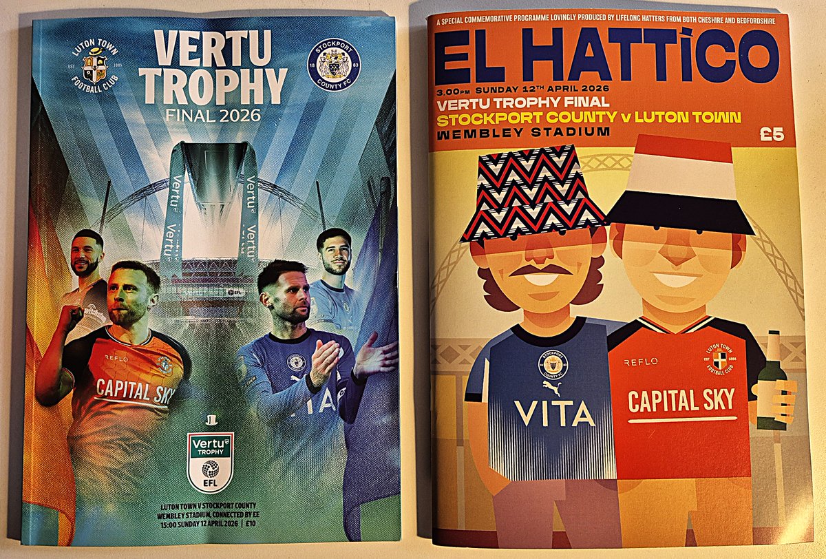 RobHadgraft's tweet photo. The official Wembley programme (left) cost £10, while the one on the right ("produced by lifelong Hatters from both clubs") cost a mere £5 ....... I know which I prefer!   📷 📷📷 https://t.co/ihd4rS9NvB