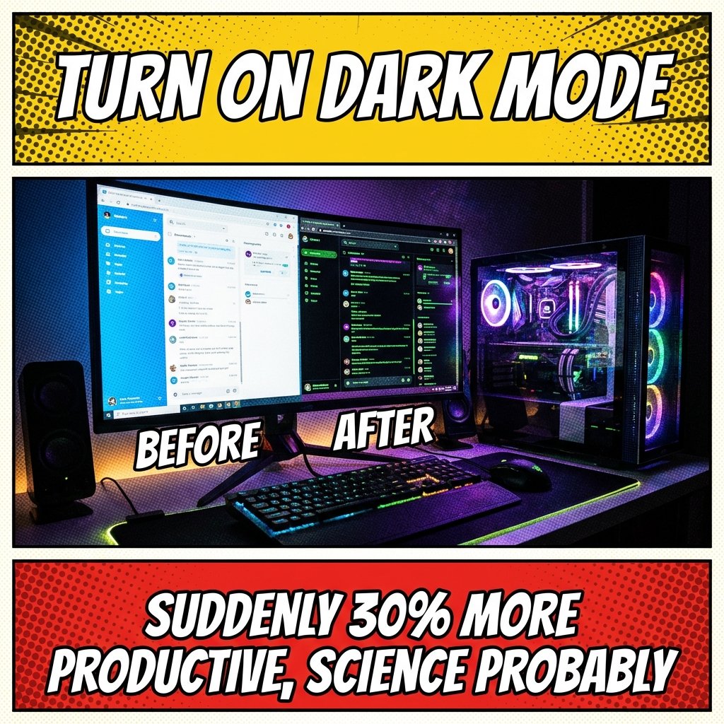 GroovyComputers's tweet image. Switch to dark mode and watch your eyes thank you—and maybe boost your productivity by 30%! 🌙🖥️ Dark mode squad, where y'all at? Drop a comment below! #DarkMode #ProductivityHacks #TechMemes
