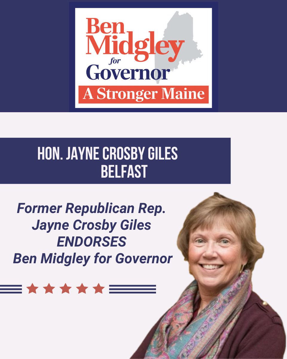 📣 ENDORSEMENT ALERT: FORMER REPRESENTATIVE JAYNE CROSBY GILES (R-Belfast)

“I am supporting Ben Midgley for Governor because he’s a common-sense conservative knows what it takes to create jobs, reign in spending, and lower our cost-of-living. Ben is an experienced CEO who