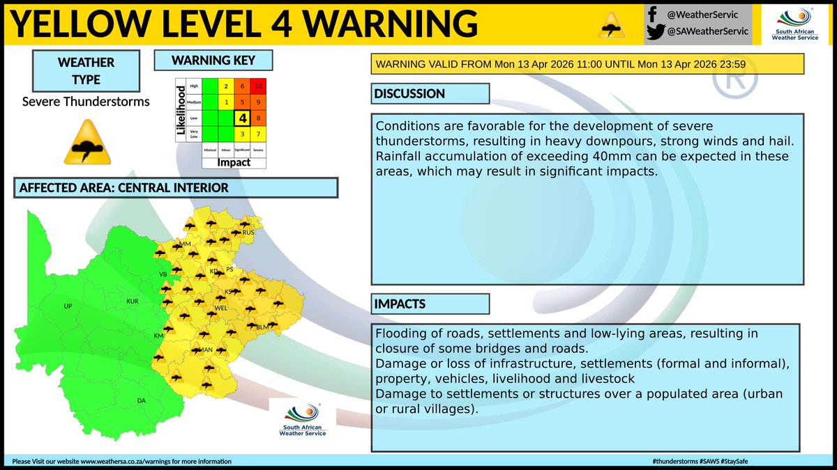 SAWeatherServic's tweet image. Yellow (dark yellow) level 4 warning for severe thunderstorms
Area: Free State
Validity: 13 April 2026
#saws #weatheroutlook #Warning