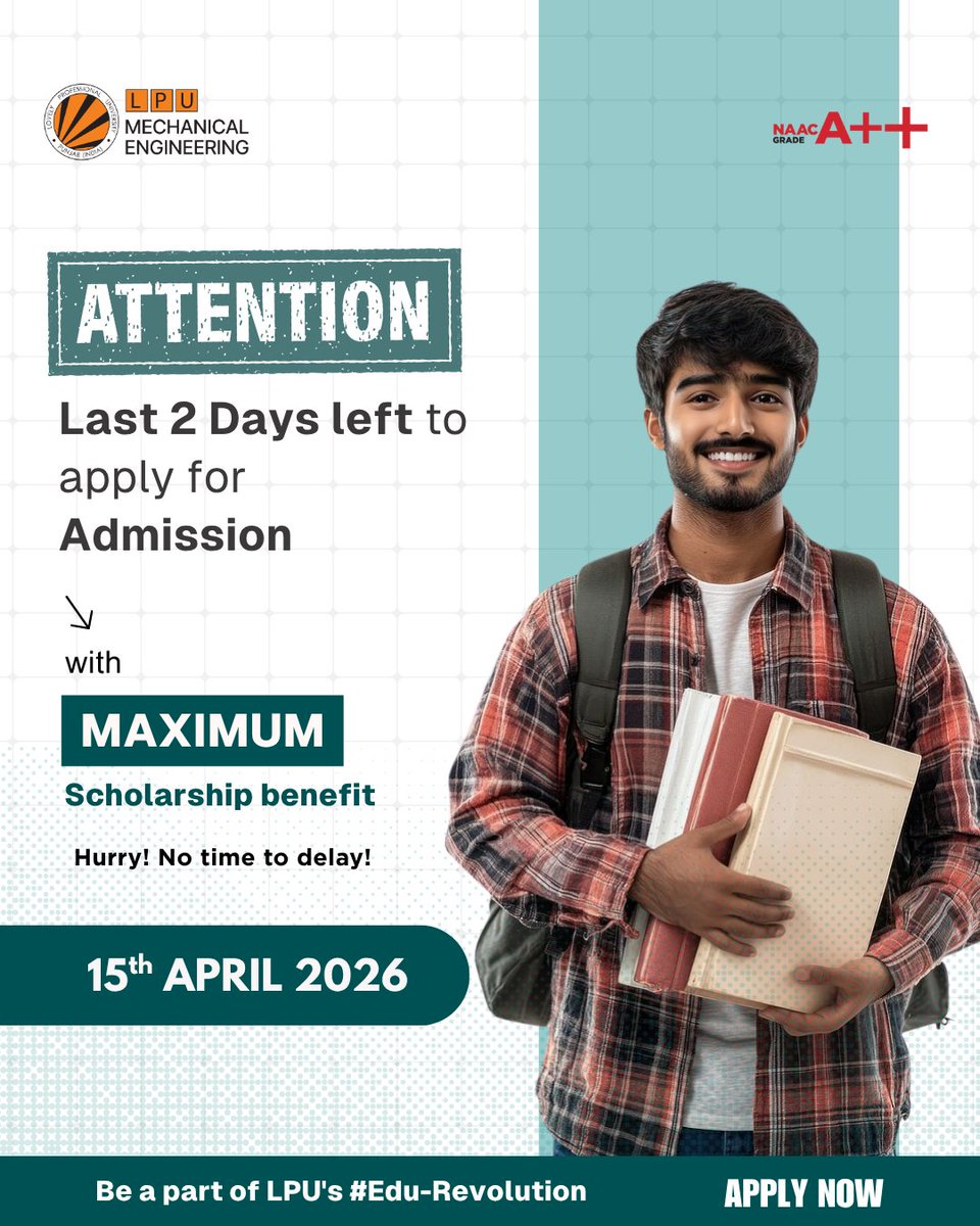 🚨 Attention Future Engineers!

Only 2 days left to secure your admission with maximum scholarship benefits at the School of Mechanical Engineering!

This is your final opportunity to take a step toward a future driven by innovation, technology, and hands-on learning. From