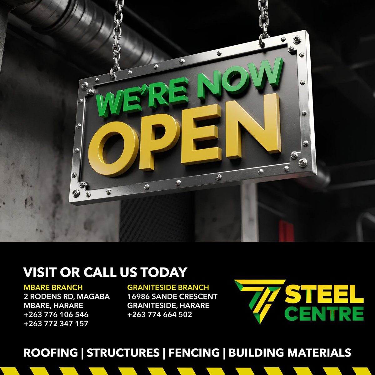 SteelCentreZW's tweet photo. We’re now open and ready to help you build! Explore our range of steel flat sheets and versatile steel tubing, all designed to meet your construction and fabrication needs. 

Get the right materials to bring your project to life.

Order Online: https://t.co/Td8rNm5rzW https://t.co/p55ErinRH7