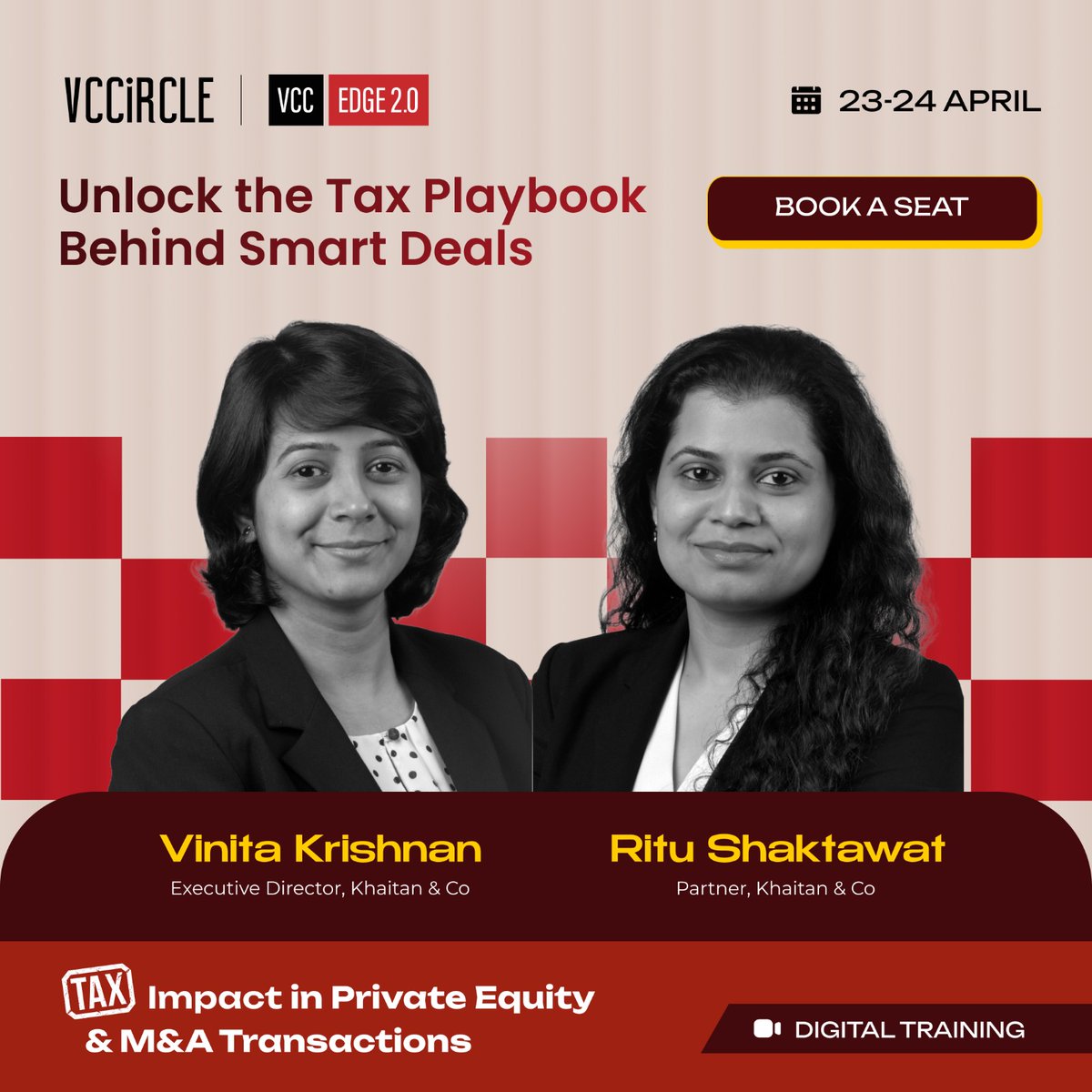 vccircle's tweet photo. #SpeakerSpotlight #VCCTraining 

Vinita Krishnan, Executive Director at Khaitan & Co, brings deep experience in cross-border tax advisory, working on complex multi-jurisdictional transactions and structuring strategies.

Ritu Shaktawat, Partner at Khaitan & Co, focuses on transaction tax and deal structuring, advising investors and corporates on cross-border investments and regulatory positioning across PE and M&A deals.

Join them at the VCCircle Tax Impact in Private Equity and M&A Transactions training, where they will break down how tax influences real decisions across structuring, risk, and exit — not just compliance.

📅23-24 April 2026 | Digital Traininq
Book your seat: https://t.co/s0hZwctp9U

#TaxStrategy #PrivateEquity #MergersAndAcquisitions #DealMaking #FinanceProfessionals