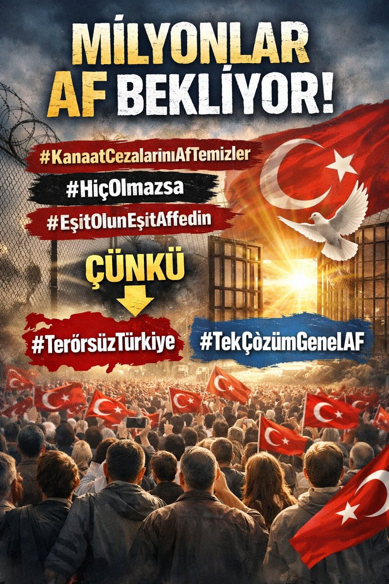 #GenelAf toplumsal nefes demektir. #EşitKapsamEşitAF güven demektir. Büyük dosya yükü azaltılmalı. Aileler birleşmeli. Enkaz temizlenmeli.
#KanaatCezalarınıAfTemizler
Çünkü
⬇️
YargıSorunlu 
#CezaevleriDolduTaştı
SnErdoğan 48GenelAf