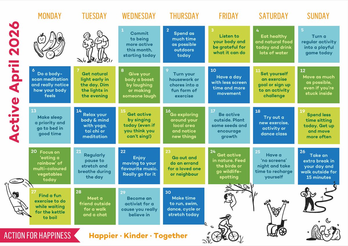 AchieveWellTeam's tweet photo. Active for April encourages activity and movement for each day of the month, with different active challenges you can complete each day to improve your physical activity and in turn your mental health. Here are the challenges you can complete for every day of the month. https://t.co/SZvags8qii