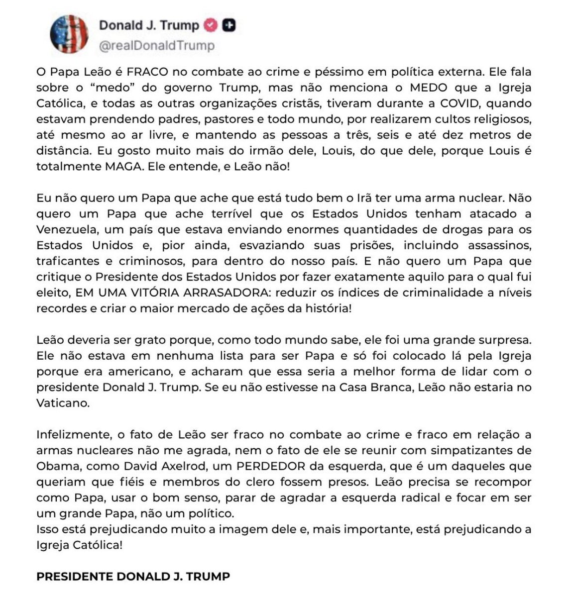 🇺🇸 Estados Unidos - Trump critica o papa Leão XIV.