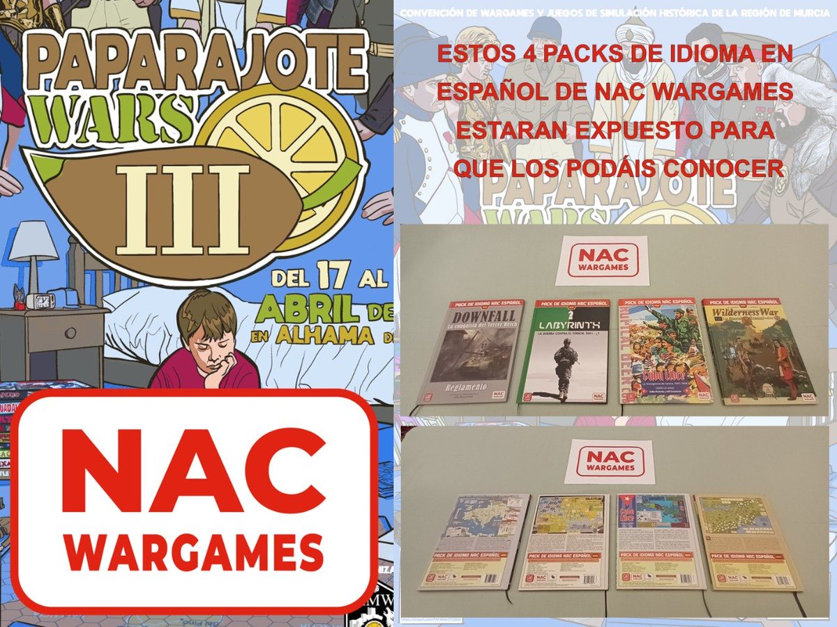 Allí estaremos los Compañeros de <a href="/NACWargames/">NAC Wargames</a> y <a href="/MasQueOca/">MasQueOca</a> dando nuestro apoyo a las #PaparajoteWars con demostraciones de

Asturias 1936 1937:

masqueoca.com/tienda/product…

Héroes de Baler, Filipinas 1898 1899: 

masqueoca.com/tienda/product…

Packs de Idioma:

masqueoca.com/tienda/buscard…