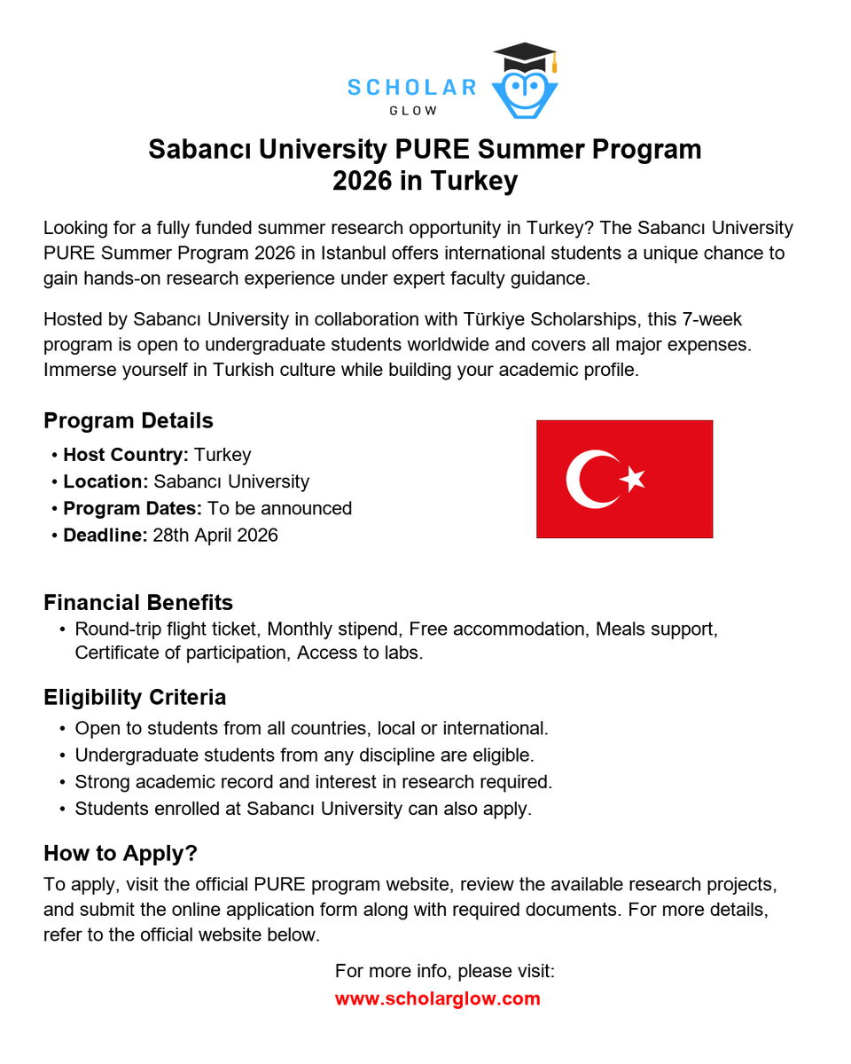 scholarglow's tweet image. 🇹🇷🚀 Sabancı University PURE Summer Program 2026

📅 Duration: 7 Weeks
⏳ Deadline: 28 April 2026

More details:
pure.sabanciuniv.edu

#ResearchOpportunity #SummerProgram #FullyFunded #Istanbul #Scholarship