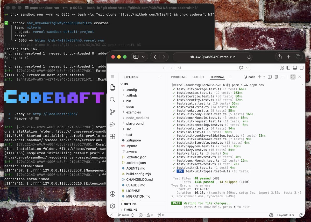 ✨ Code Sandbox with Coderaft and Vercel Sandbox

$ pnpx sandbox run --rm -p 6063 -- bash -lc "pnpx coderaft ."