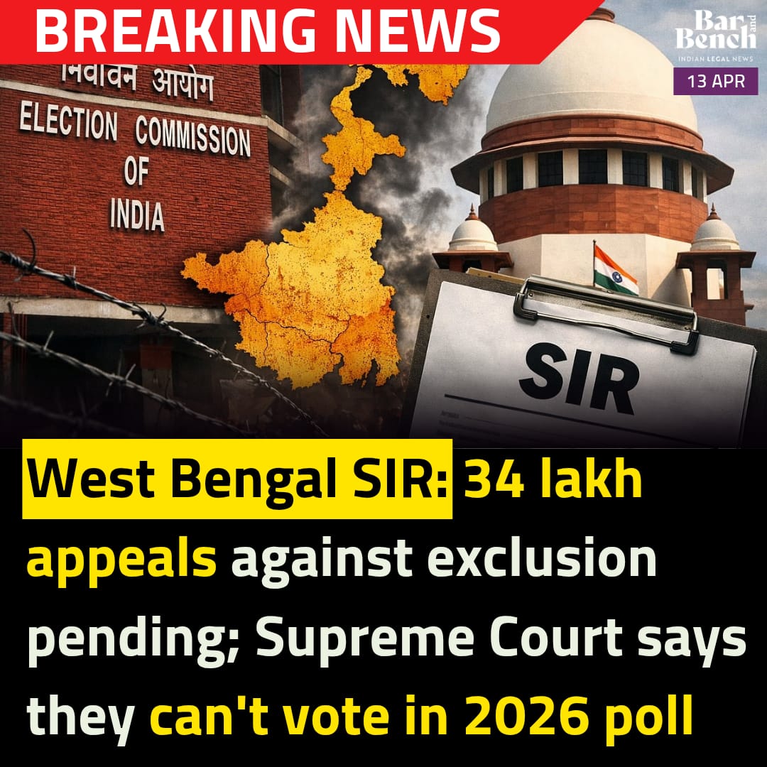 barandbench's tweet image. #BreakingNews
West Bengal SIR: 34 lakh appeals against exclusion pending; Supreme Court says they can't vote in 2026 polls

Read here: barandbench.com/news/litigatio…