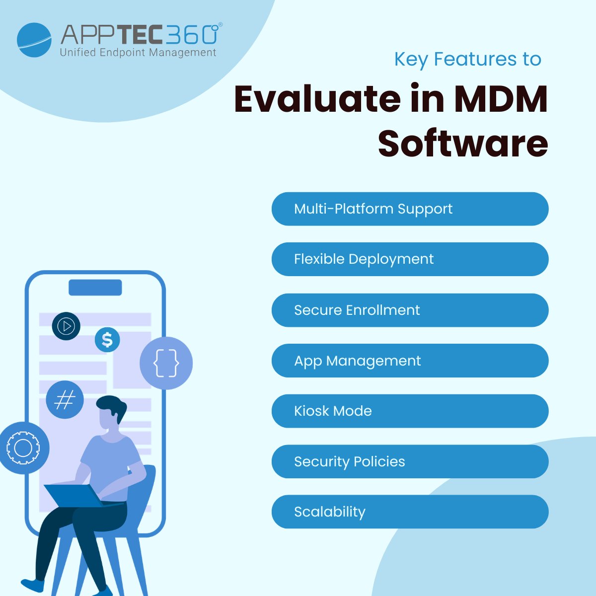 AppTec360's tweet photo. Choosing the right MDM solution means looking beyond the basics.

From multi-platform support and secure enrollment to app management, kiosk mode, and scalability, the right features make device management simpler and more secure.

#AppTec360 #MDM #DeviceManagement #UEM https://t.co/fDkRimmAz0