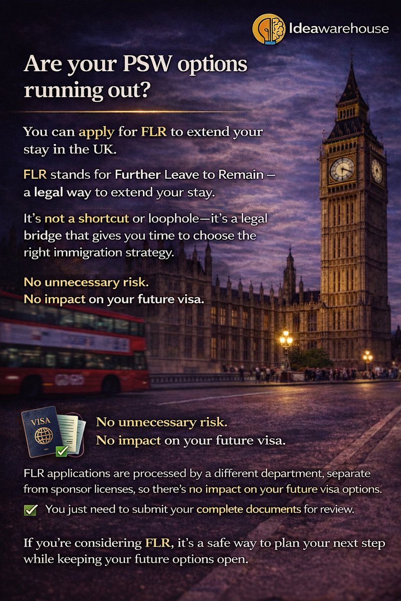 IWHUKLtd's tweet image. PSW ending soon? 👀
FLR can help you legally extend your stay in the UK 🇬🇧
Not a loophole — just a smarter way to plan your next move.
#ukvisa #pswvisa #uksponsorship #ukimmigration #ukjobs 🚀