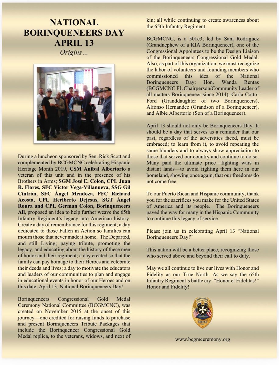 Today, we celebrate the 5th Anniversary of National Borinqueneers Day. Thank you to <a href="/SenRickScott/">Rick Scott</a> for listening and following through on your commitment to the Borinqueneers. I’m so proud of the 65th Infantry Regiment. 
<a href="/USArmy/">U.S. Army</a> <a href="/USCongress/">USCongress</a> 
<a href="/POTUS/">President Donald J. Trump</a> <a href="/news6wkmg/">News 6 WKMG</a> <a href="/FoxNews/">Fox News</a> <a href="/ORWF_1776/">Orlando Republican Woman Federated</a>